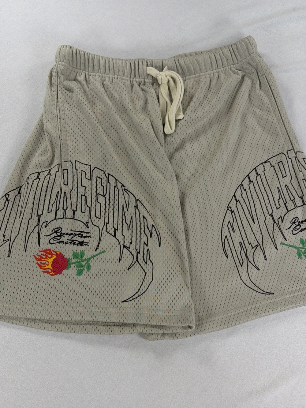 Civil Regime Men's Mesh Drawstring Shorts Size M Gray Flames Spell-out Logo - 1C